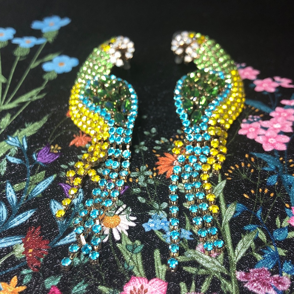 Natasha Couture Parrot Crystal Drop Earrings - Turquoise, Yellow & Green